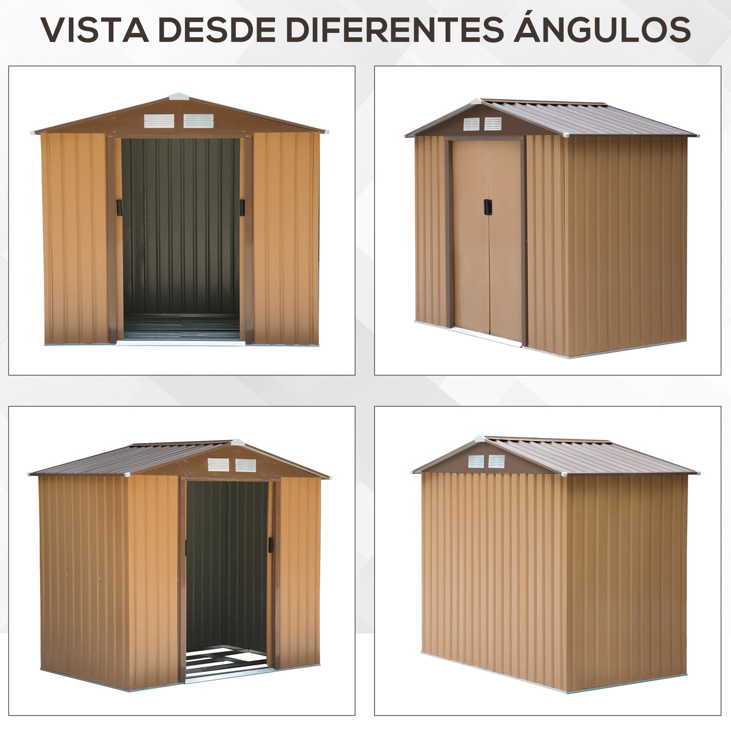 Abrigo de Jardim 213x130x185cm Abrigo de Jardim Metálico de Exterior para Armazenamento de Ferramentas com 2 Portas Deslizantes e 4 Janelas para Terraço Marrom Claro