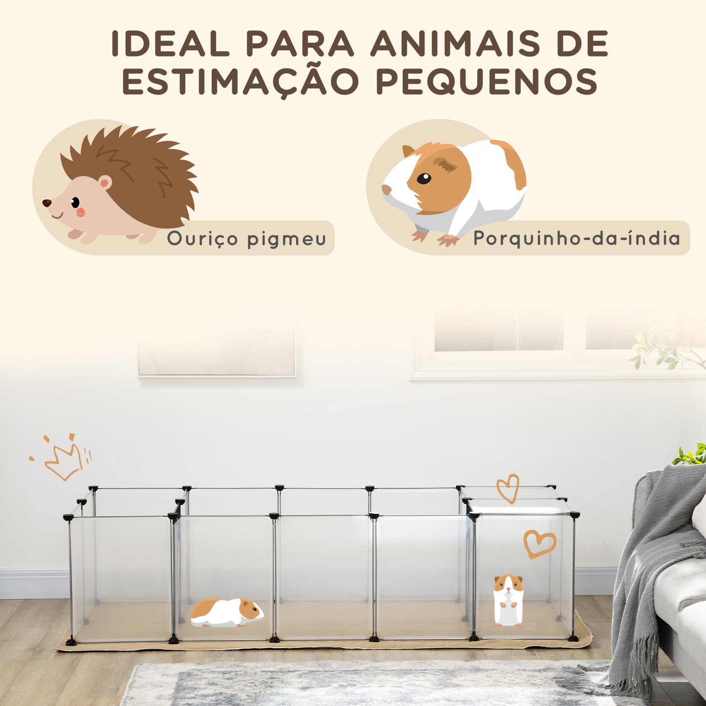 PawHut Recinto para Animais de Estimação DIY com 20 Painéis de Resina Parque para Pequenos Animais Gaiola Modular para Porquinho da Índia Chinchilas 175x70x45 cm Translúcido e Cáqui