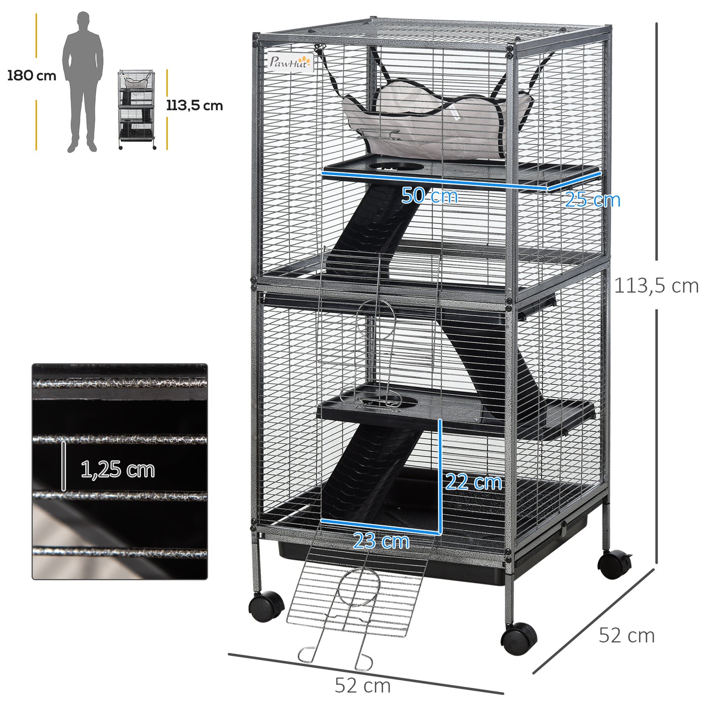 PawHut Gaiola para Roedores 52x52x113,5cm Gaiola para Furões com Rodas 2 Portas 3 Rampas Rede Suspensa e Bandeja Removível para Cobias Hamsters Cinza Prata