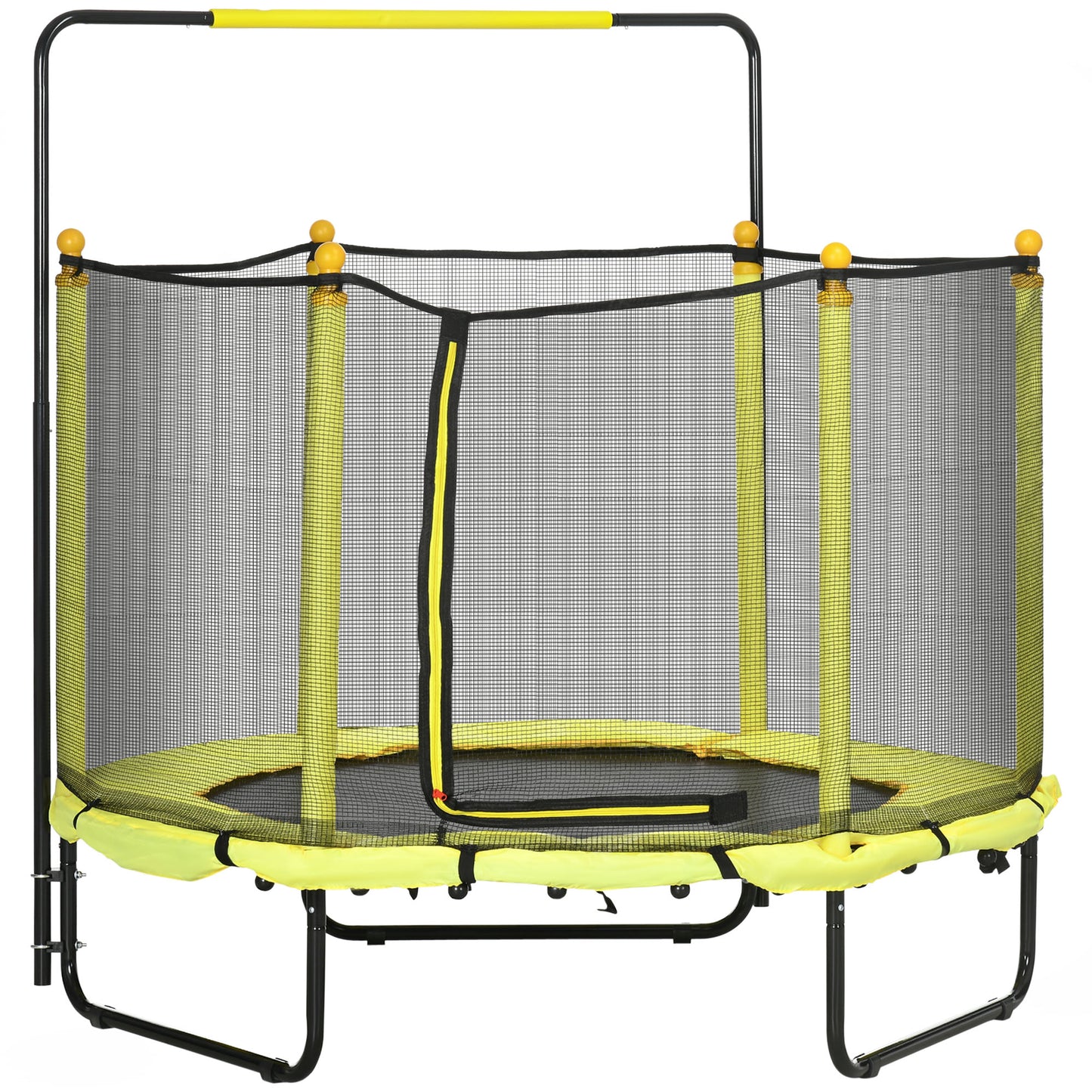 ZONEKIZ Trampolim Infantil Ø110 cm Trampolim para Crianças de 1-10 Anos com Rede de Segurança Barra Ajustável para Interior e Exterior Ø140x120-140 cm Amarelo