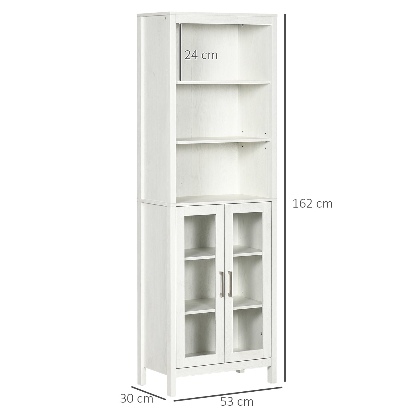 kleankin Armário Alto de Casa de Banho com 2 Portas de Vidro e 3 Prateleiras Abertas Armário Auxiliar Estilo Moderno para Sala de Estar Dormitório 53x30x162cm Branco