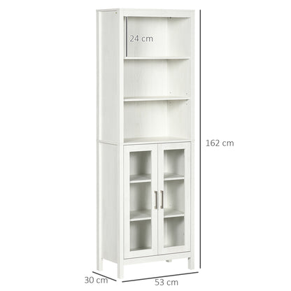 kleankin Armário Alto de Casa de Banho com 2 Portas de Vidro e 3 Prateleiras Abertas Armário Auxiliar Estilo Moderno para Sala de Estar Dormitório 53x30x162cm Branco