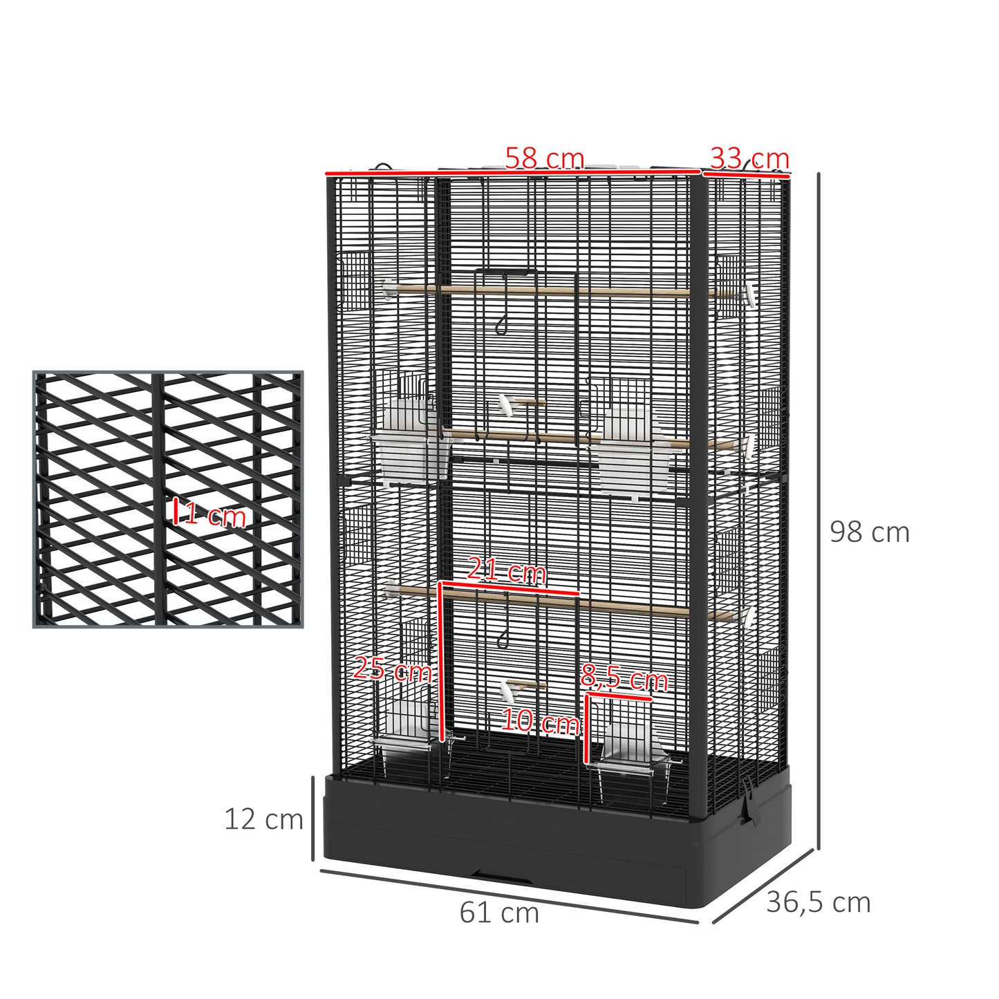 PawHut Gaiola para Pássaros 61x36,5x98 cm Gaiola para Aves com Portas Poleiros Bandeja Removível Caixas de Comida e Alças para Canários Periquitos Preto