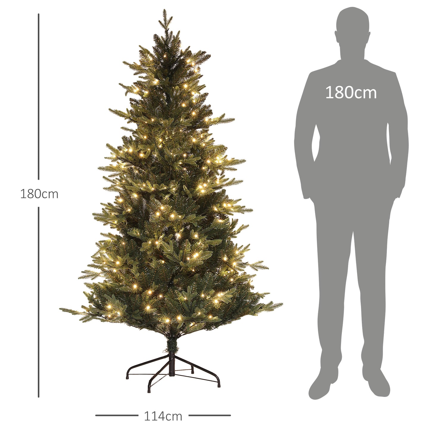 Árvore de Natal 180 cm Árvore de Natal Artificial com 350 Luzes LED 726 Ramos e Suporte de Aço Decoração de Natal para Sala de Estar Interior Ø114x180 cm Verde