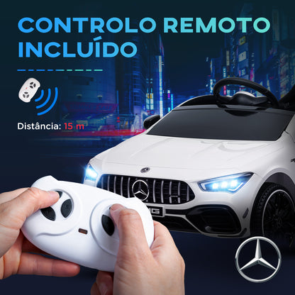 AIYAPLAY Carro Elétrico para Crianças acima de 3 Anos Carro Mercedes AMG CLA 45 Carro Elétrico Infantil com Bateria 12V Controlo Remoto Faróis LED Buzina Música e Rodas Auxiliares 110x61x45 cm Branco