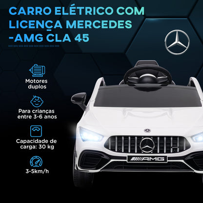 AIYAPLAY Carro Elétrico para Crianças acima de 3 Anos Carro Mercedes AMG CLA 45 Carro Elétrico Infantil com Bateria 12V Controlo Remoto Faróis LED Buzina Música e Rodas Auxiliares 110x61x45 cm Branco