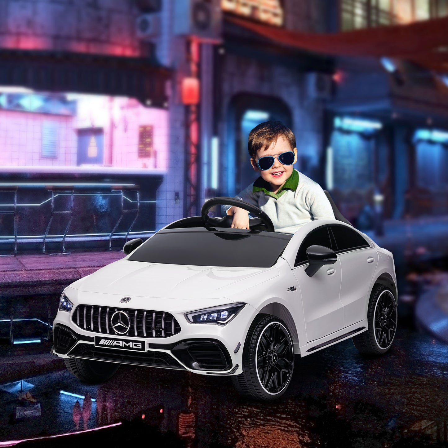 AIYAPLAY Carro Elétrico para Crianças acima de 3 Anos Carro Mercedes AMG CLA 45 Carro Elétrico Infantil com Bateria 12V Controlo Remoto Faróis LED Buzina Música e Rodas Auxiliares 110x61x45 cm Branco