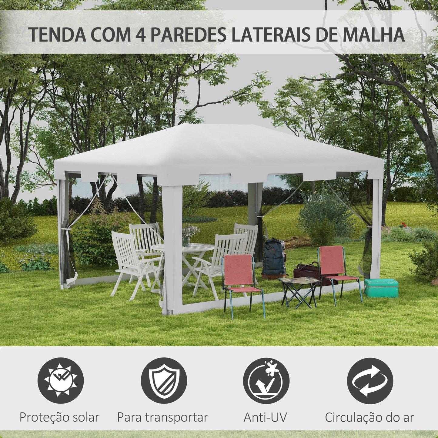 Outsunny Tenda de Jardim 4x3 m Tenda Desmontável de Exterior com 4 Mosqueteiras Laterais 2 Portas com Fecho de Correr e 8 Orifícios de Drenagem para Pátio Praia Branco