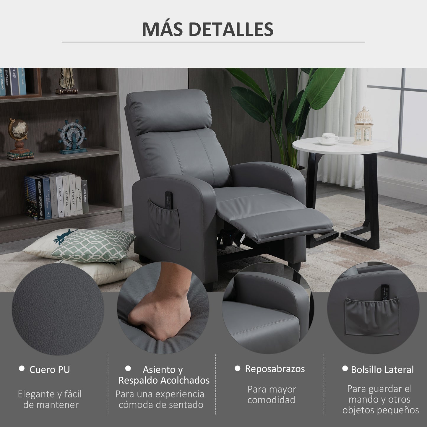 HOMCOM Poltrona de Massagem Poltrona Relax Reinclinável com Controle Remoto 2 Zonas de Massagem 8 Programas 5 Níveis de Intensidade Estofado em PU 68x88x98cm Cinza