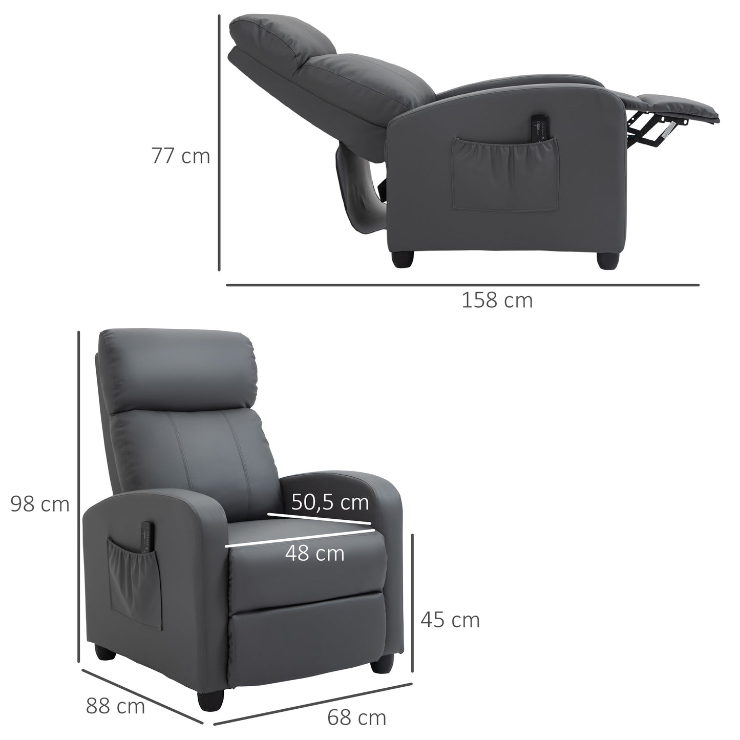 HOMCOM Poltrona de Massagem Poltrona Relax Reinclinável com Controle Remoto 2 Zonas de Massagem 8 Programas 5 Níveis de Intensidade Estofado em PU 68x88x98cm Cinza