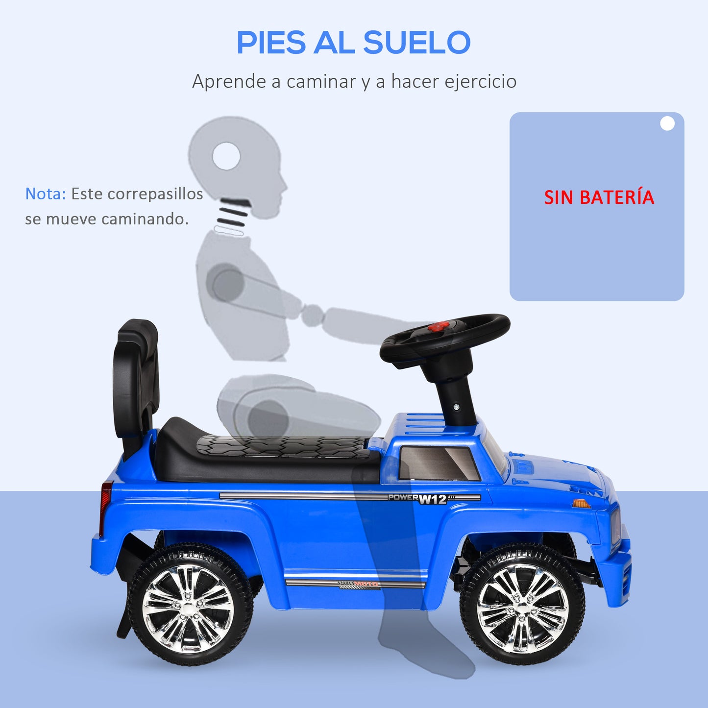 HOMCOM Carro Andador para Bebé de 18-36 Meses Carro sem Pedais com Faróis Música Buzina Compartimento de Armazenamento e Encosto Alto 68x30,5x41,5cm Azul