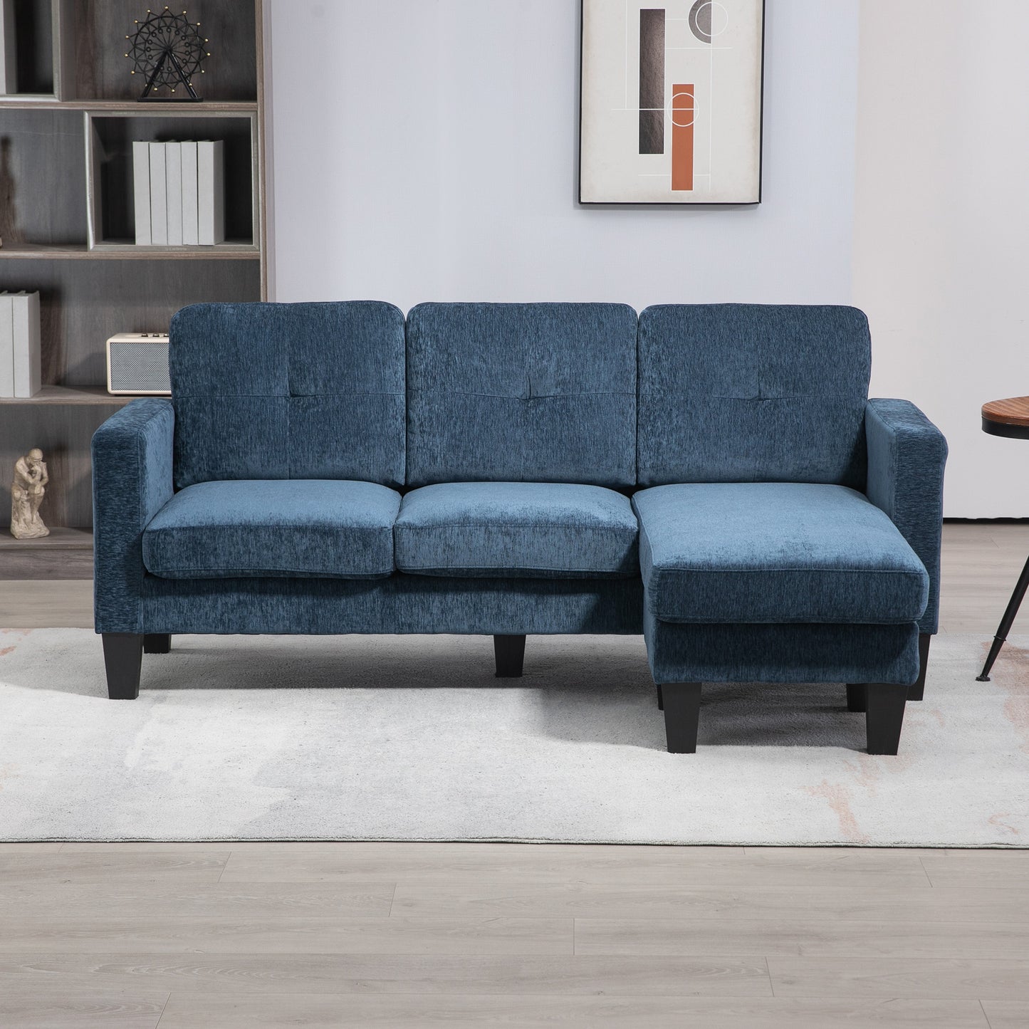 Sofá Chaise Longue Sofá em Forma de L Estofado em Poliéster Sofá de Canto Reversível com 3 Almofadas e Pés de Madeira para Sala de Estar Carga Máxima 180 kg 186x130x84 cm Azul