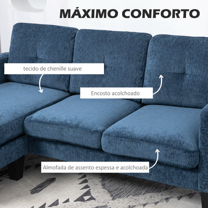 Sofá Chaise Longue Sofá em Forma de L Estofado em Poliéster Sofá de Canto Reversível com 3 Almofadas e Pés de Madeira para Sala de Estar Carga Máxima 180 kg 186x130x84 cm Azul