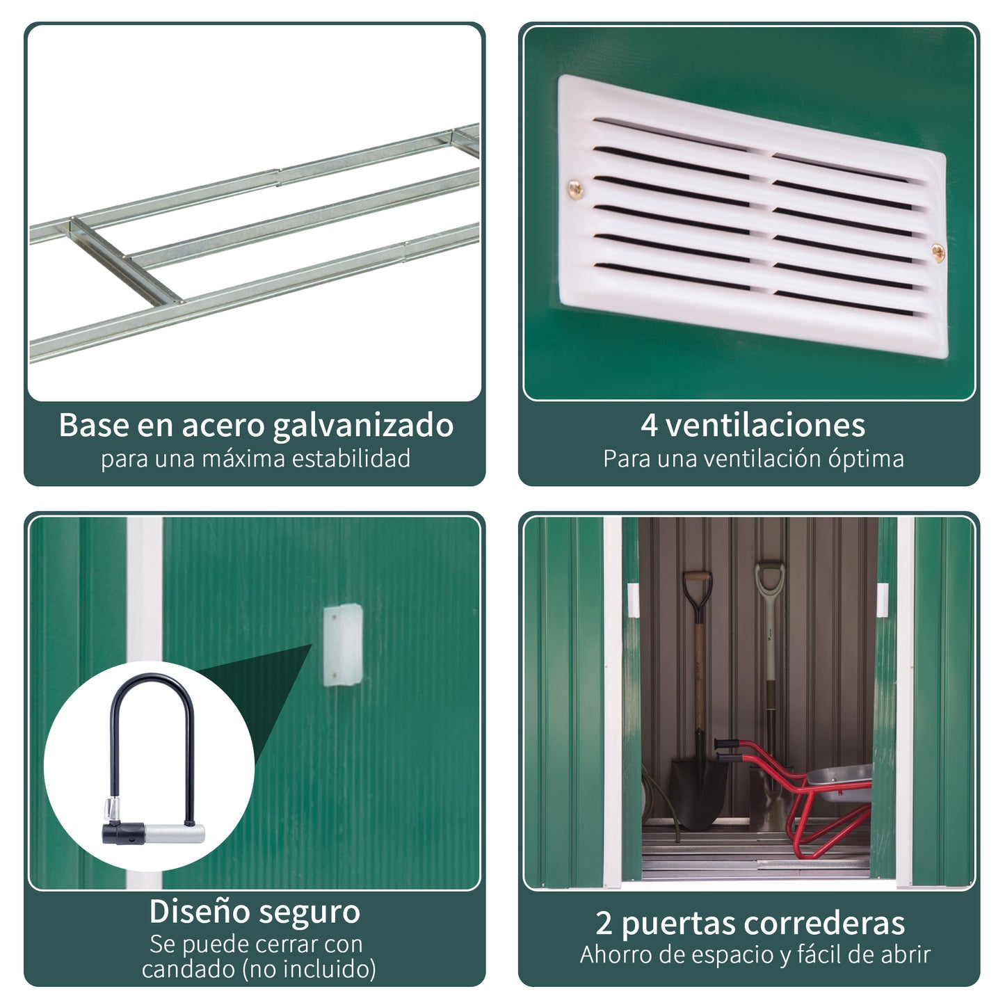 Outsunny Abrigo de Jardim 213x130x185cm Abrigo de Jardim Metálico de Exterior para Armazenamento de Ferramentas com 2 Portas Deslizantes e 4 Janelas para Terraço Verde