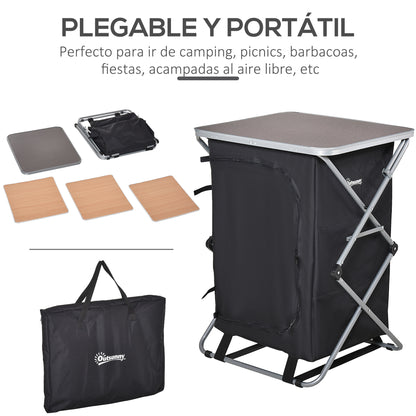 Outsunny Armário de cozinha de acampamento dobrável com para vento 3 prateleiras Bolsa de armazenamento bancada de 65x58x93 cm para piqueniques de acampamento Tecido Oxford preto