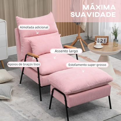 Poltrona Dutti em Veludo Cotelê com Apoio de Pés Reclinável - Rosa - Design Moderno