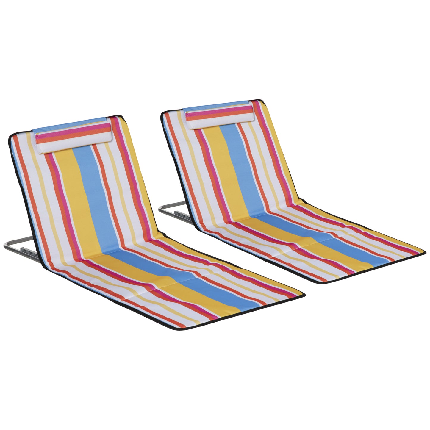 Outsunny Conjunto de 2 Esteiras de Praia Dobráveis 124x53x50cm com Encosto Ajustável e Apoio para a Cabeça Esteira de Praia Tecido Oxford Aço com Bolsa de Transporte Multicor