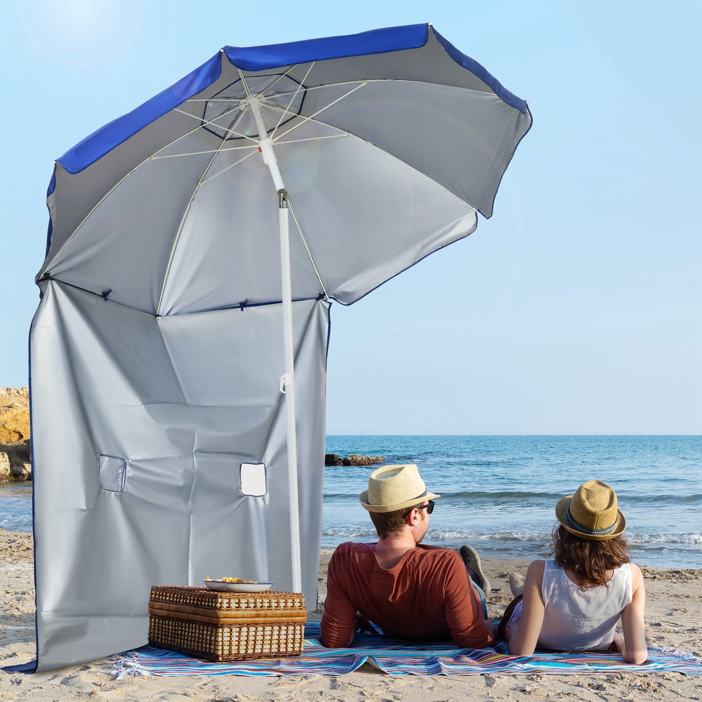 Outsunny Chapéu de Sol de Praia com Painel Lateral Ø191x211 cm Chapéu de Sol de Praia com Manivela Manual Teto Inclinável 2 Bolsos e 2 Janelas para Jardim Piscina Azul