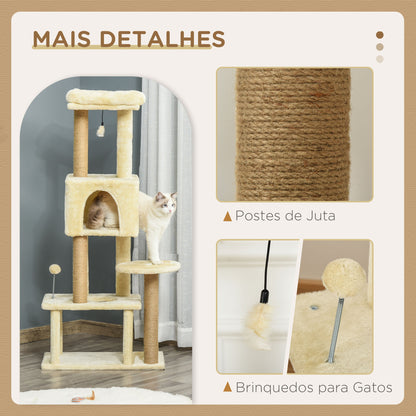 PawHut Árvore Arranhador para Gatos Centro de Atividades com Plataformas Cavernas de Felpa Suave Postes para Arranhar de Juta Bola Brinquedo Suspenso 60x34x136cm Bege