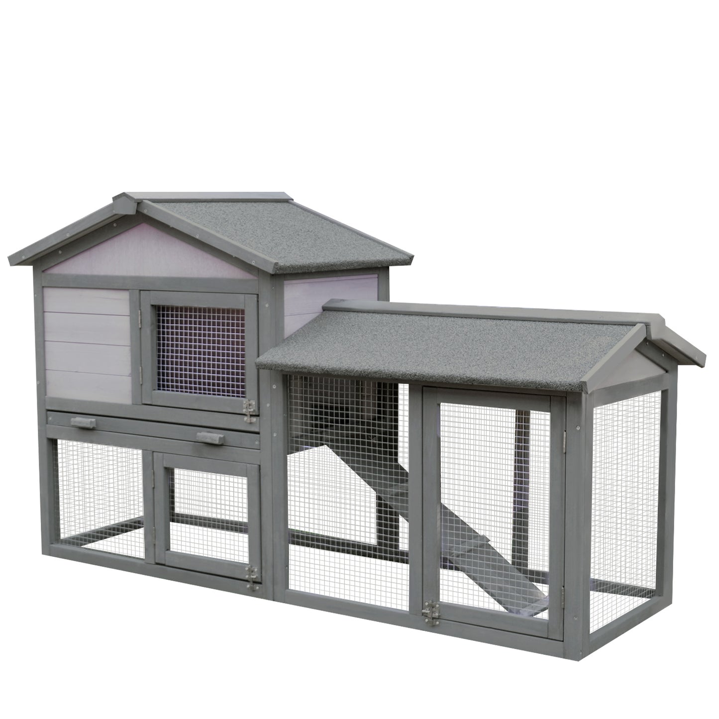 PawHut Casa para Coelhos de Madeira Coelheira para Exterior com Bandeja Removível 147x54x84cm Cinza