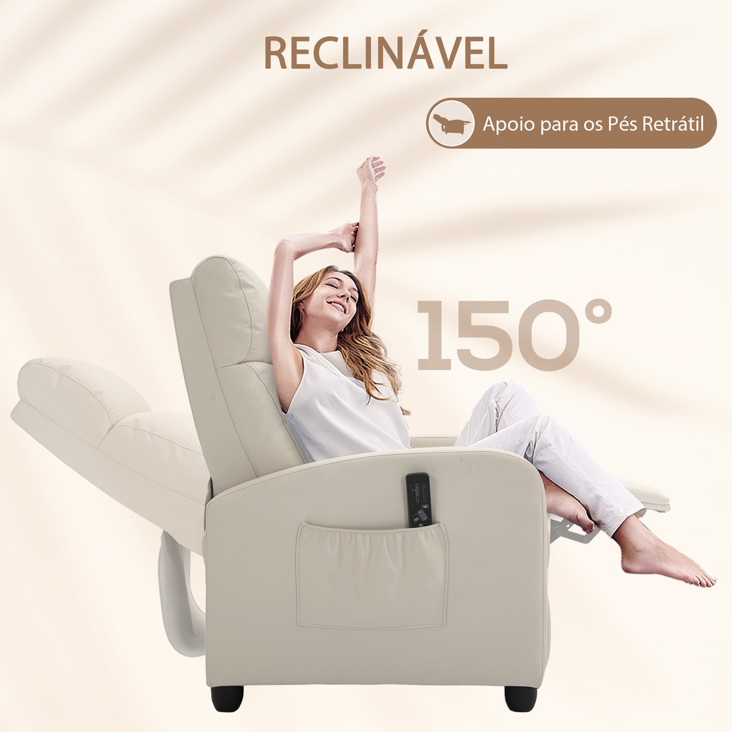 Poltrona de Massagens Reclinável com Controle Remoto, 2 Zonas de Massagem, 8 Programas e 5 Níveis de Intensidade - Estofado em PU Creme