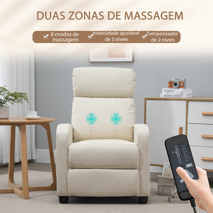 Poltrona de Massagens Reclinável com Controle Remoto, 2 Zonas de Massagem, 8 Programas e 5 Níveis de Intensidade - Estofado em PU Creme