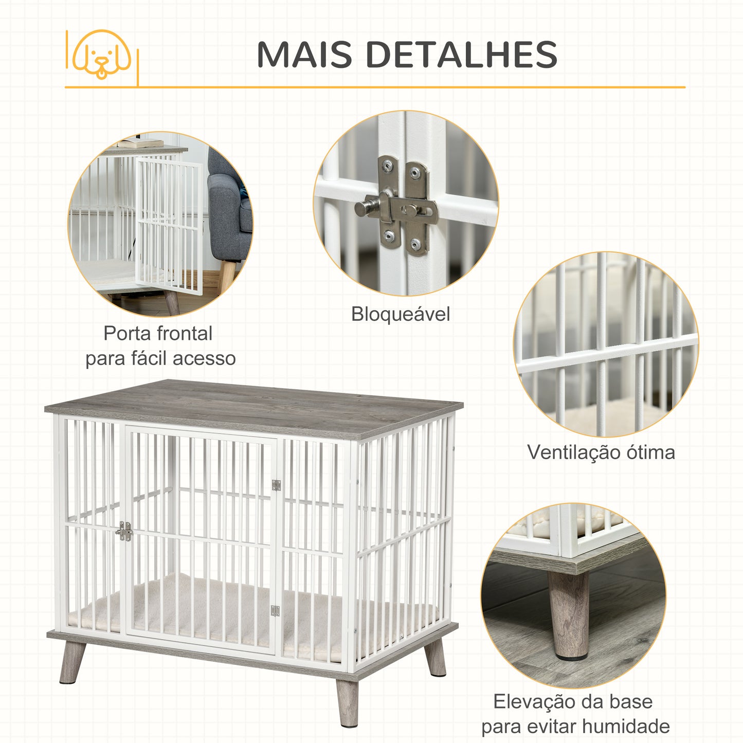 PawHut Gaiola para Cães de Madeira 86x60x70cm Gaiola para Cães com Bancada de Armazenamento Porta com Trave Pés Elevados Grade de Aço Branca