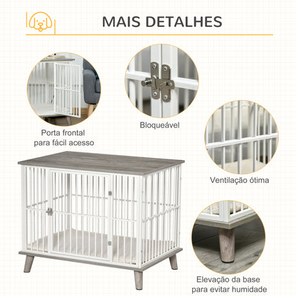 PawHut Gaiola para Cães de Madeira 86x60x70cm Gaiola para Cães com Bancada de Armazenamento Porta com Trave Pés Elevados Grade de Aço Branca