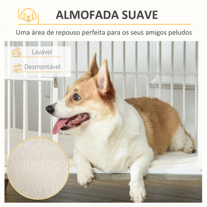 PawHut Gaiola para Cães de Madeira 86x60x70cm Gaiola para Cães com Bancada de Armazenamento Porta com Trave Pés Elevados Grade de Aço Branca