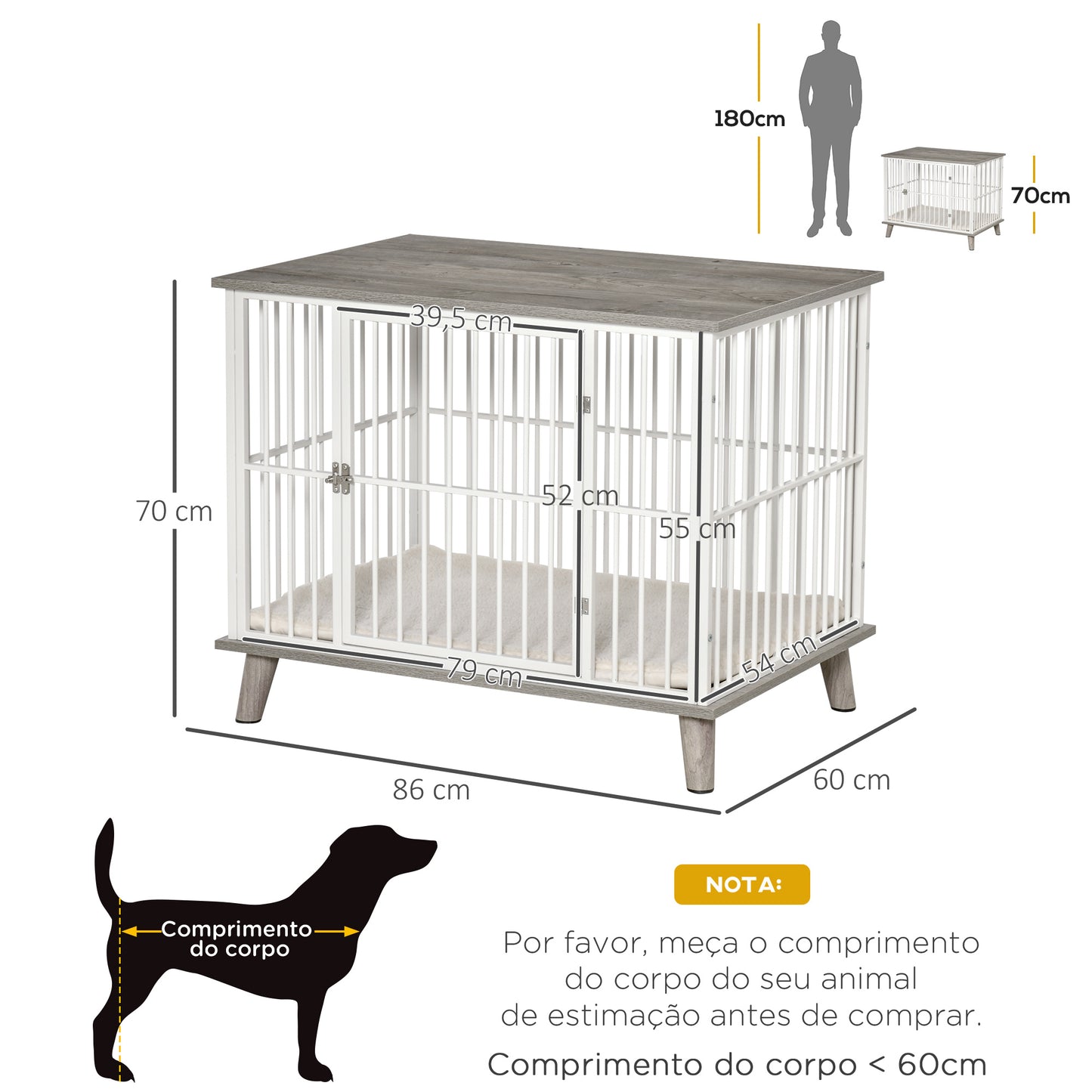 PawHut Gaiola para Cães de Madeira 86x60x70cm Gaiola para Cães com Bancada de Armazenamento Porta com Trave Pés Elevados Grade de Aço Branca