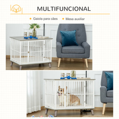 PawHut Gaiola para Cães de Madeira 86x60x70cm Gaiola para Cães com Bancada de Armazenamento Porta com Trave Pés Elevados Grade de Aço Branca