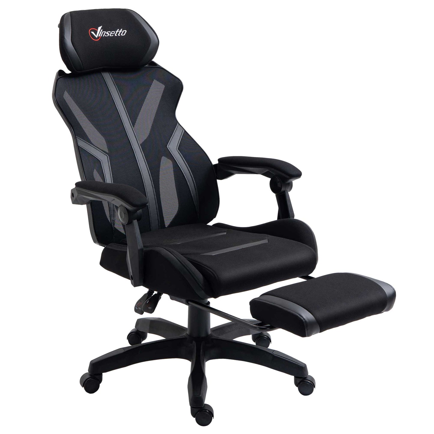 Vinsetto Cadeira de Gaming com Apoio para os Pés Retrátil Cadeira de Escritório Reclinável com Apoio para a Cabeça e Altura Ajustável 65x65x119-129cm Preto