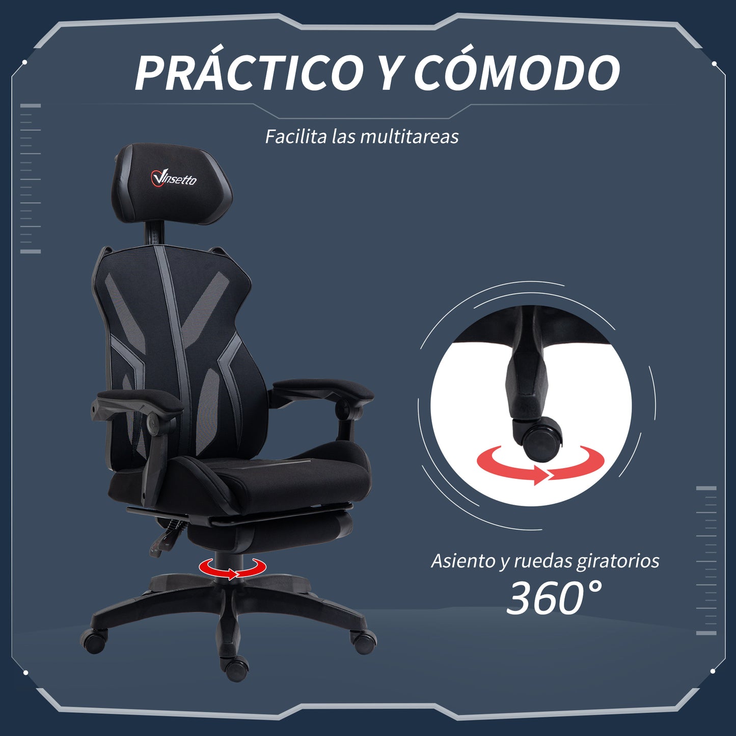 Vinsetto Cadeira de Gaming com Apoio para os Pés Retrátil Cadeira de Escritório Reclinável com Apoio para a Cabeça e Altura Ajustável 65x65x119-129cm Preto