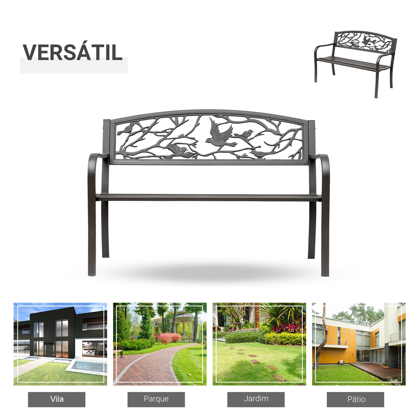 Outsunny Banco de Jardim de Aço Banco de Exterior com Apoio para os Braços e Encosto Decorativo Carga Máxima 240 kg para Pátio Varanda 127x60x85 cm Marrom Escuro