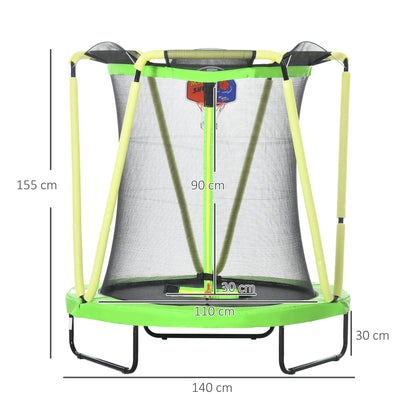 ZONEKIZ Trampolim Infantil Ø140x155 cm Trampolim para Crianças de 3-10 Anos com Rede de Segurança Cesta de Basquetebol e 20 Bolas de Plástico para Interior Verde