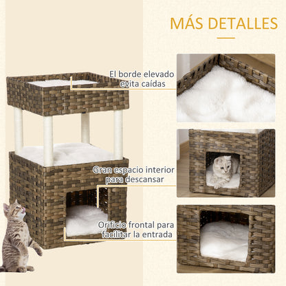 PawHut Árvore Arranhadora para Gatos de Vime Torre para Gatos Médios com Caverna 2 Camas Postes de Sisal Natural e Almofadas Laváveis de Pélucia Suave 40x40x70cm Marrom