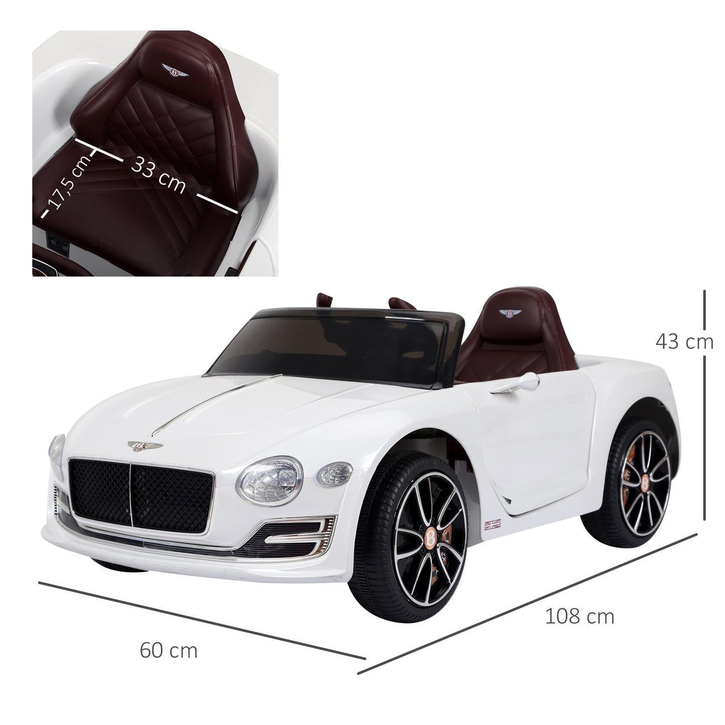 HomCom Carro elétrico com controle remoto 2 velocidades com faróis musica licencia de Bentley GT para crianças acima de 3 anos 108x60x43 cm Branco