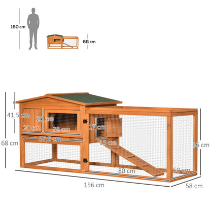 PawHut Coelheira de Madeira Exterior Gaiola para Coelhos de 2 Níveis com Teto Asfáltico 2 Áreas Cercadas Bandeja Removível 2 Portas Janela e Rampa 157,4x53x93,5cm Madeira Natural