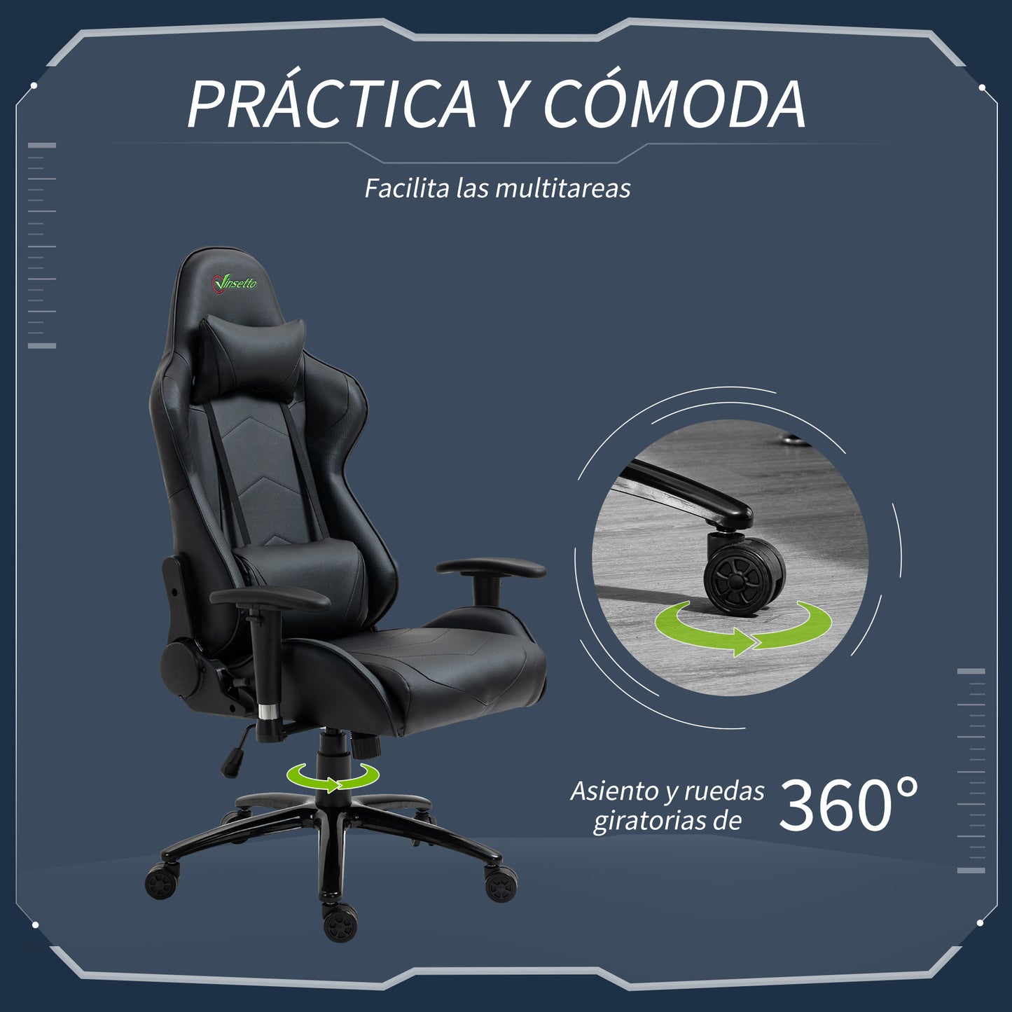 Vinsetto Cadeira de Gaming Ergonômica Cadeira de Jogo Giratória com Altura Ajustável Apoio para os Braços Apoio para a Cabeça e Almofada Lombar Couro Sintético 73x71x128-136cm Preto