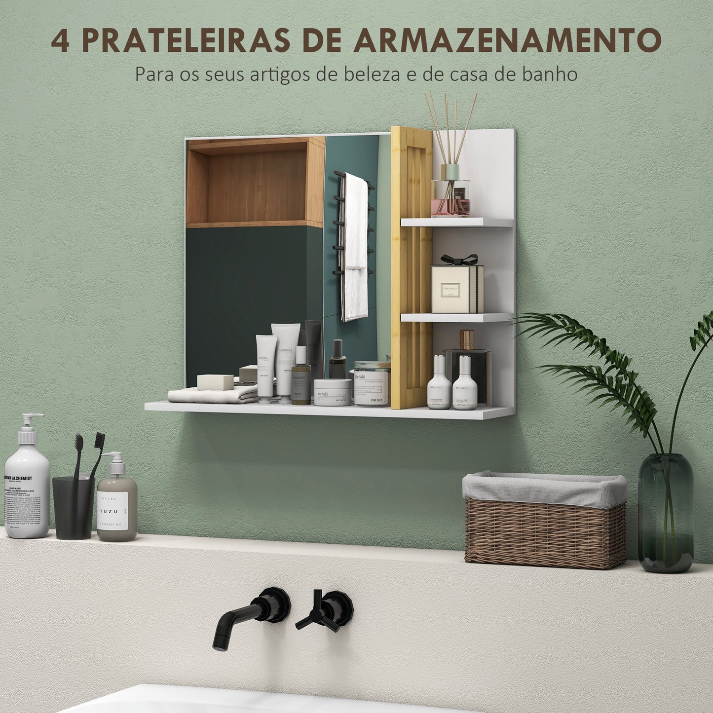 HOMCOM Espelho de Casa de Banho Espelho de Parede Moderno e Retangular com 4 Prateleiras de Armazenamento para Maquilhagem Vestuário 45x15x58,5 cm Branco