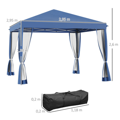 Outsunny Tenda Dobrável 295x295x260 cm Tenda de Jardim com 4 Paredes Laterais de Malha 8 Orifícios de Drenagem e Bolsa de Transporte para Jardim Pátio Festas Azul