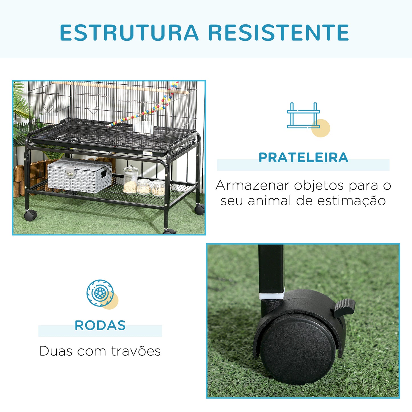 PawHut Gaiola para Pássaros com Rodas 79x49x133 cm Gaiola Metálica Grande com Suporte 4 Comedouros 3 Poleiros Brinquedos Bandeja Amovível e Prateleira para Canários Periquitos Preto