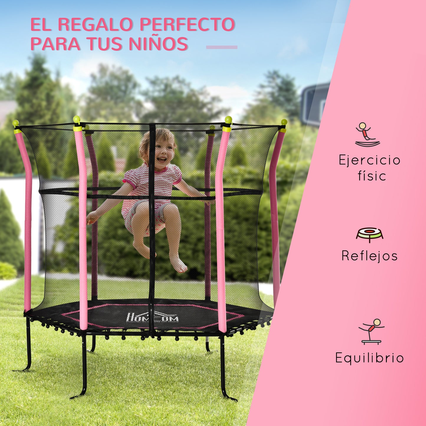 Trampolim para Crianças acima de 3 Anos Cama Elástica Infantil com Rede de Segurança e Estrutura de Aço para Interiores e Exteriores Carga 60kg Ø161x163 cm Rosa