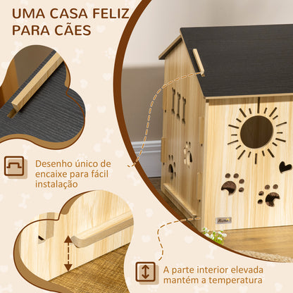 PawHut Casa de Madeira para Cães Pequenos Casa para Animais de Estimação com Porta Dianteira Desenhos em Forma de Sol Coração Pata 69x50x58,5cm Madeira e Preto