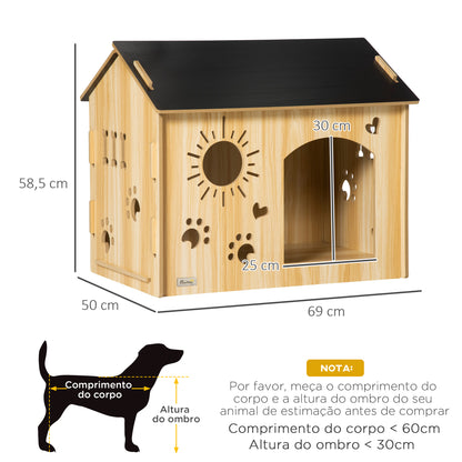 PawHut Casa de Madeira para Cães Pequenos Casa para Animais de Estimação com Porta Dianteira Desenhos em Forma de Sol Coração Pata 69x50x58,5cm Madeira e Preto