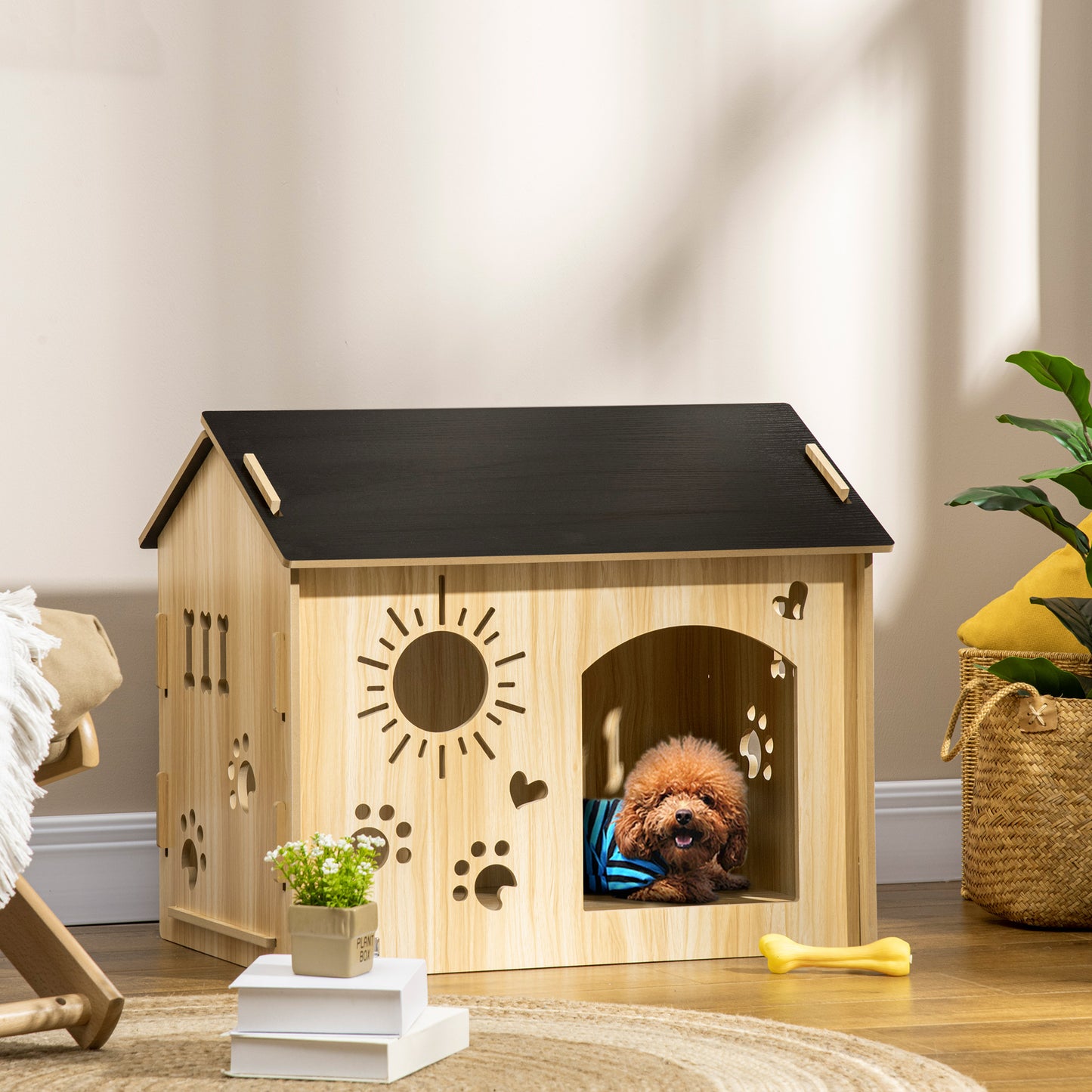 PawHut Casa de Madeira para Cães Pequenos Casa para Animais de Estimação com Porta Dianteira Desenhos em Forma de Sol Coração Pata 69x50x58,5cm Madeira e Preto