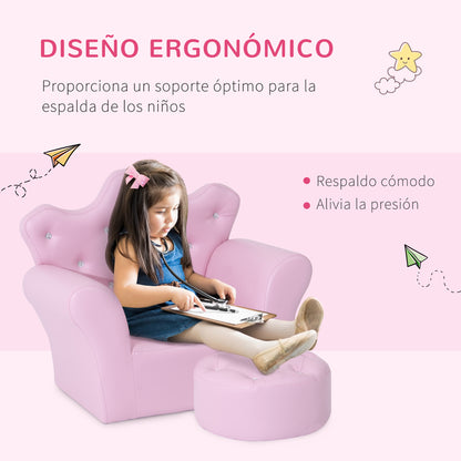 HOMCOM Sofá para Crianças com Banco Sofá Infantil Decorativo com Encosto Alto em Forma de Coroa e Apoio para os Braços Acolchoado 58x40,5x49cm Rosa