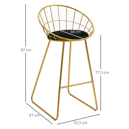 HOMCOM Conjunto de 2 Bancos Altos de Cozinha com Assento em Tecido Bancos de Bar Cadeiras Acapulco com Encosto e Apoio para os Pés para Sala de Jantar 52,5x47x97 cm Dourado