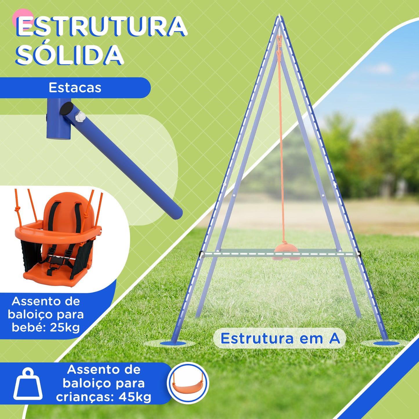 Outsunny Baloiço Infantil 2 em 1 Baloiço para Crianças e Bebés com 1 Assento para Crianças 1 Assento para Bebés e Cinto de Segurança para Exterior e Interior 180x160x182 cm Laranja