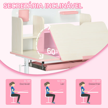 HOMCOM Conjunto de Secretária e Cadeira para Crianças acima de 3 Anos com Altura Ajustável Gaveta Prateleiras e Bancada Inclinável 80x52x88-109 cm Rosa e Branco